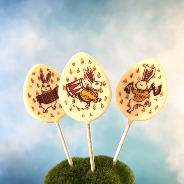 Lolli „Musikhase“ weiße Schokolade 33% und Karamell